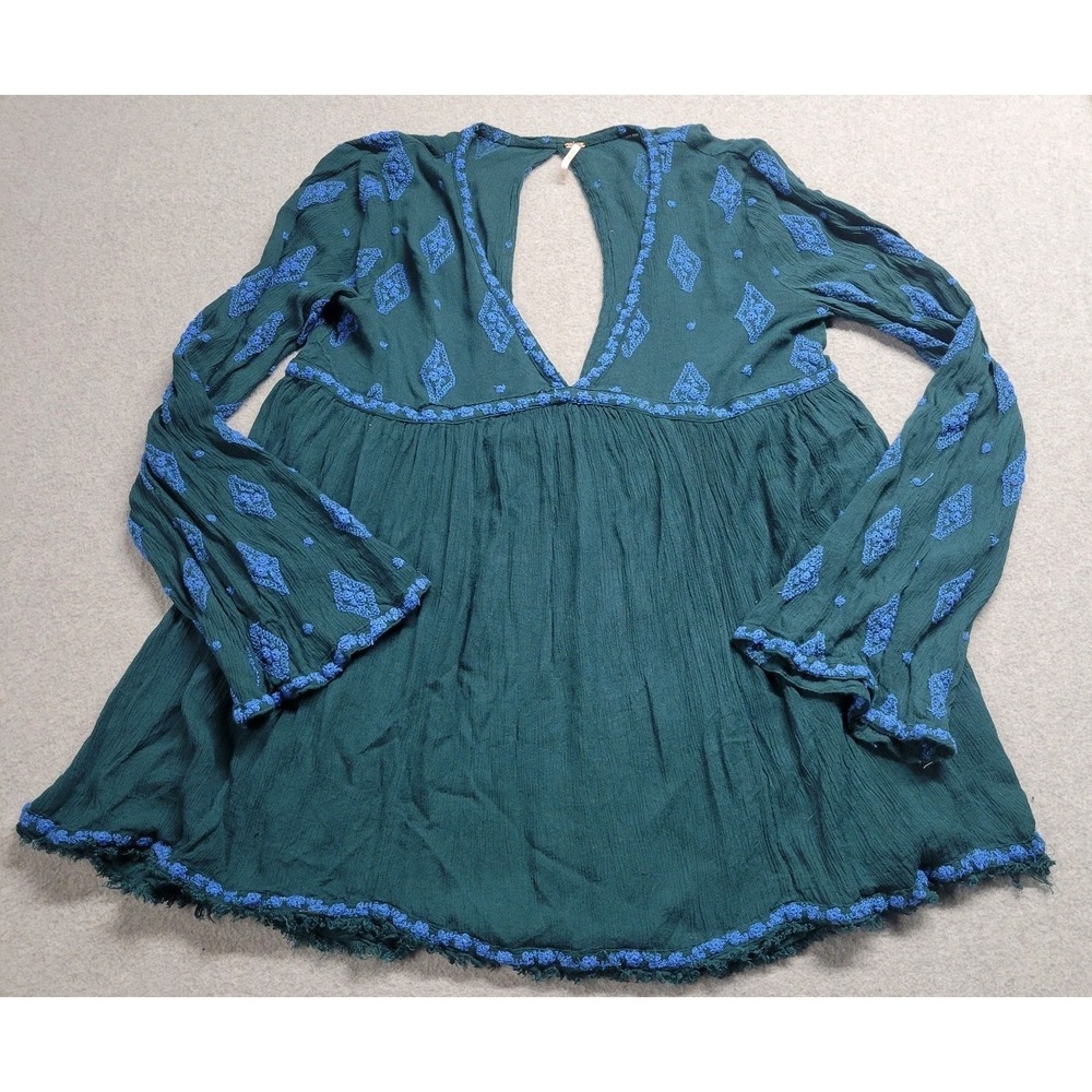 Free People  Tunic Blouse XS Green Embroidered Blue Boho Peasant Long Sleeve